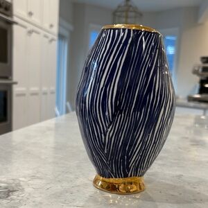 Anthropologie Navy and Gold Striped Vase